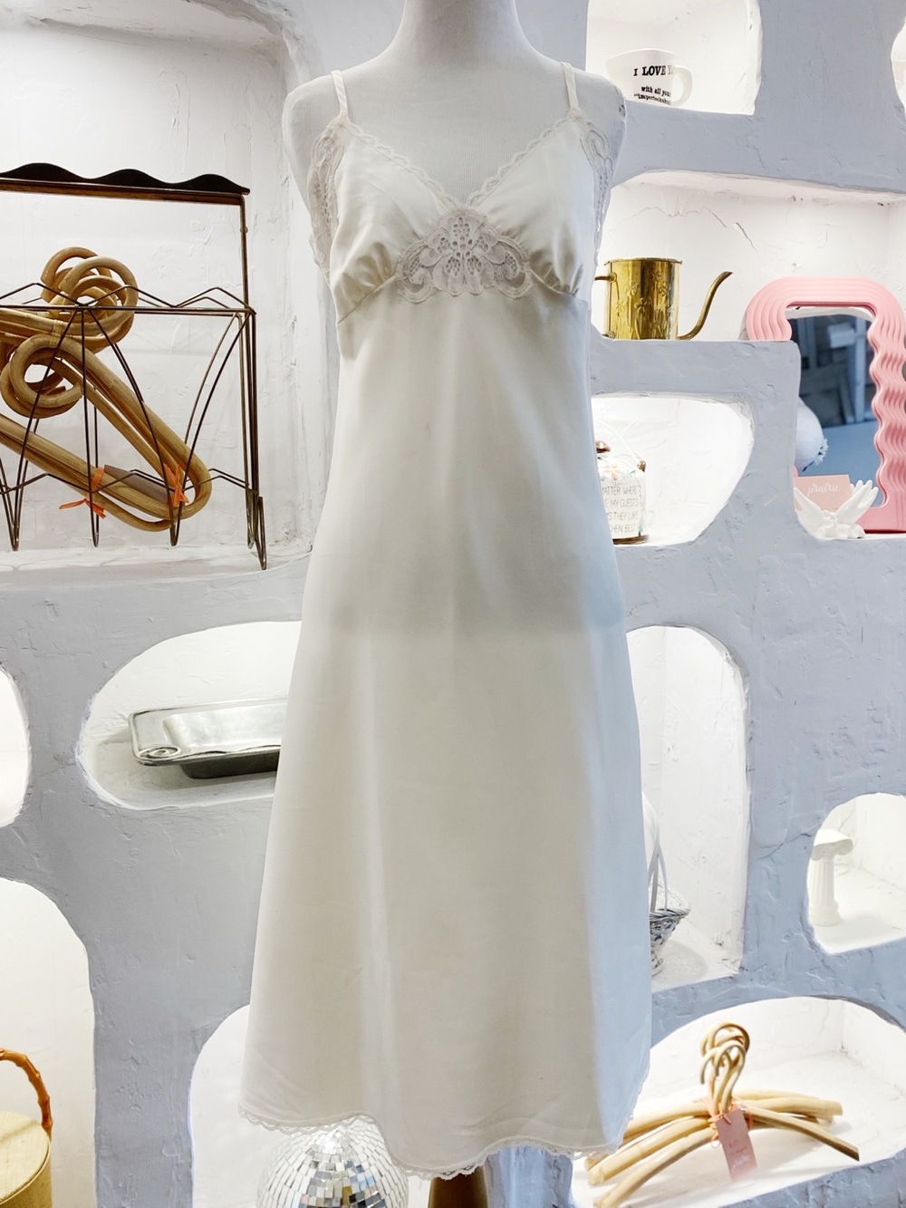 Vintage Cream Satin Lingerie Slip Dress with Spaghetti Straps & Lace Cut Out